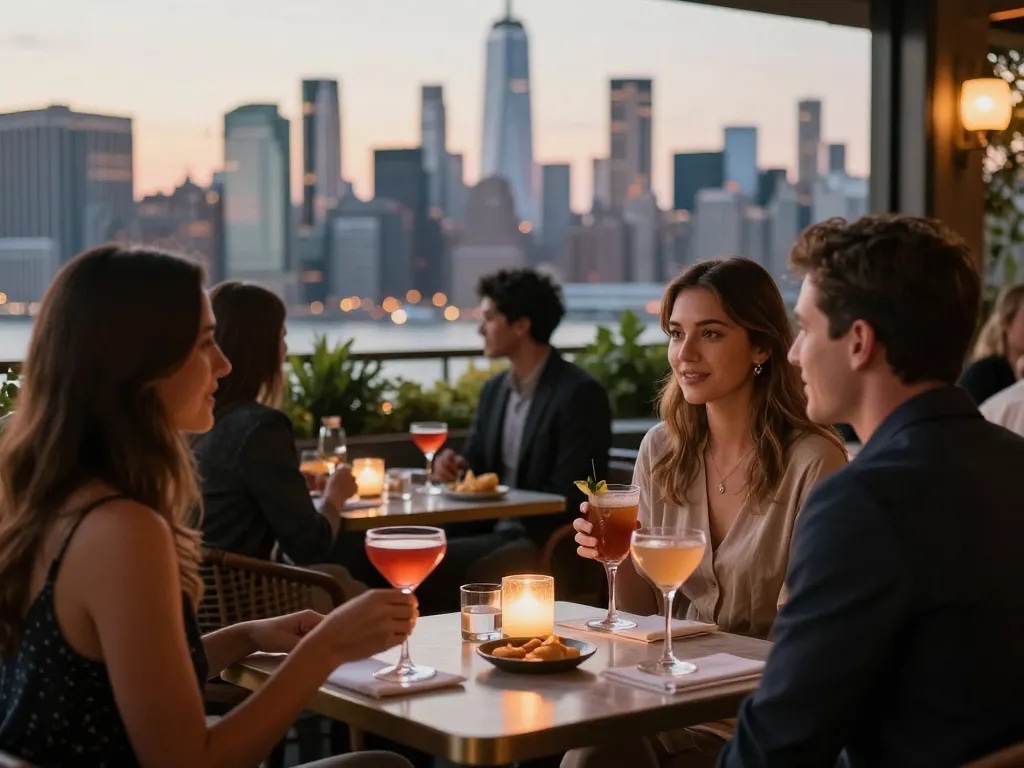 NoHu rooftop bar patrons enjoy cocktails against the stunning NYC skyline.