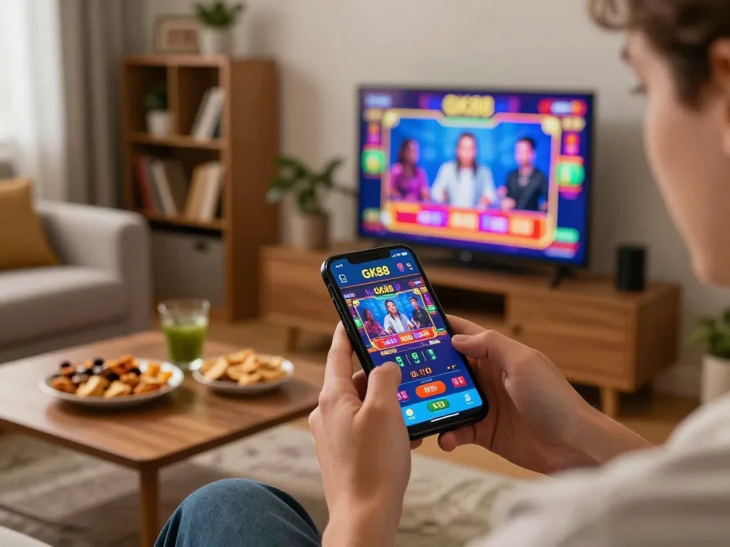 Player interacting with GK88 app for seamless online betting experience in cozy home setting