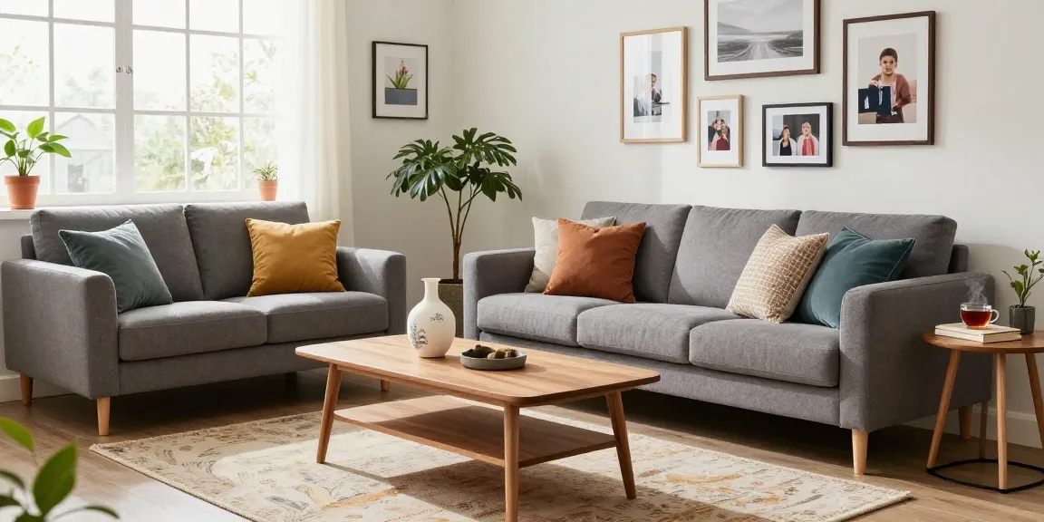 Möbel kaufen in einem stilvollen Wohnzimmer mit moderner Möbelanordnung, Kissen und dekorativen Elementen.
