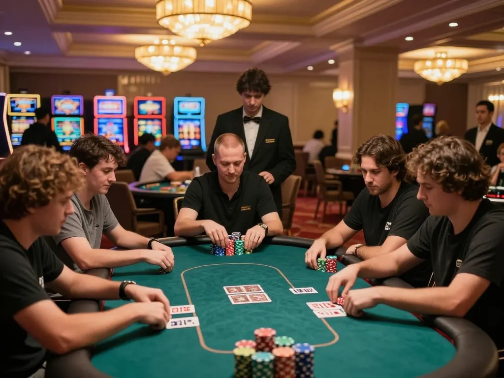 Players experience intense poker action at 789winn casino with vibrant chips and focused strategies.