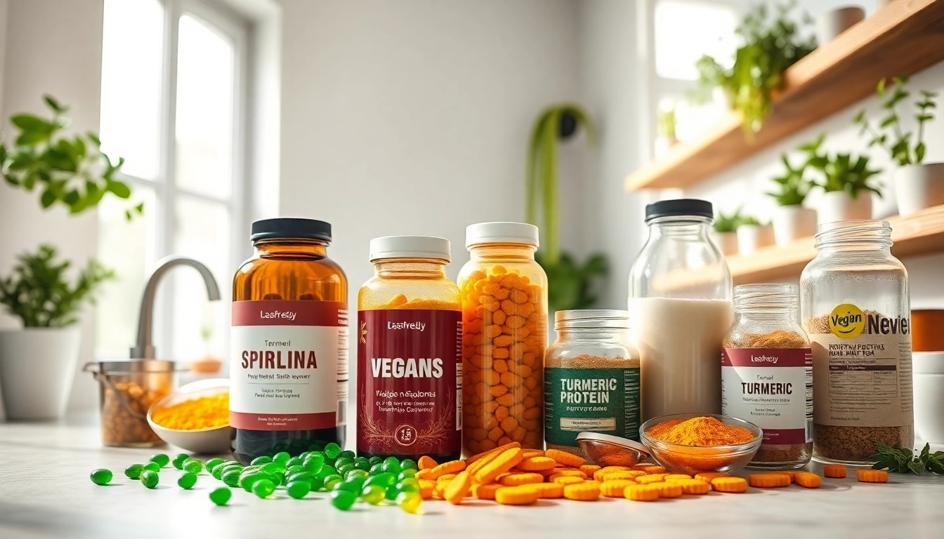 Vegane Nahrungsergänzungsmittel auf einem hellen Holzregal mit Pflanzen dekoriert.