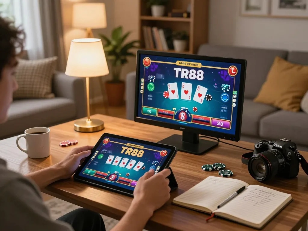 Engaging online casino gaming scene on TR88 with a player using a tablet nestled in a cozy living room.