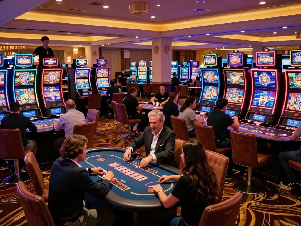 33win players enjoying vibrant slot machines in a lively casino scene