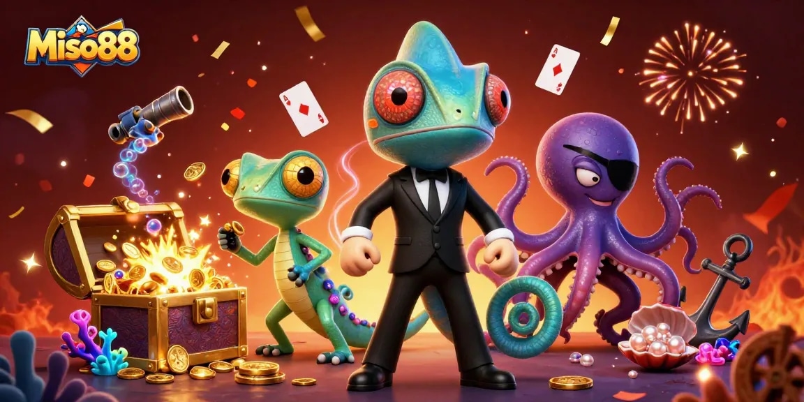 Miso88 offers exciting underwater adventures with a chameleon, gecko, and octopus in an engaging casino-themed illustration.