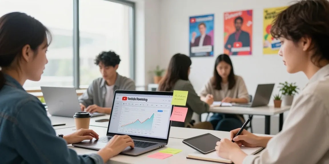 Professioneller Marketer plant Strategien für YouTube Views kaufen am Schreibtisch in modernen Büro.