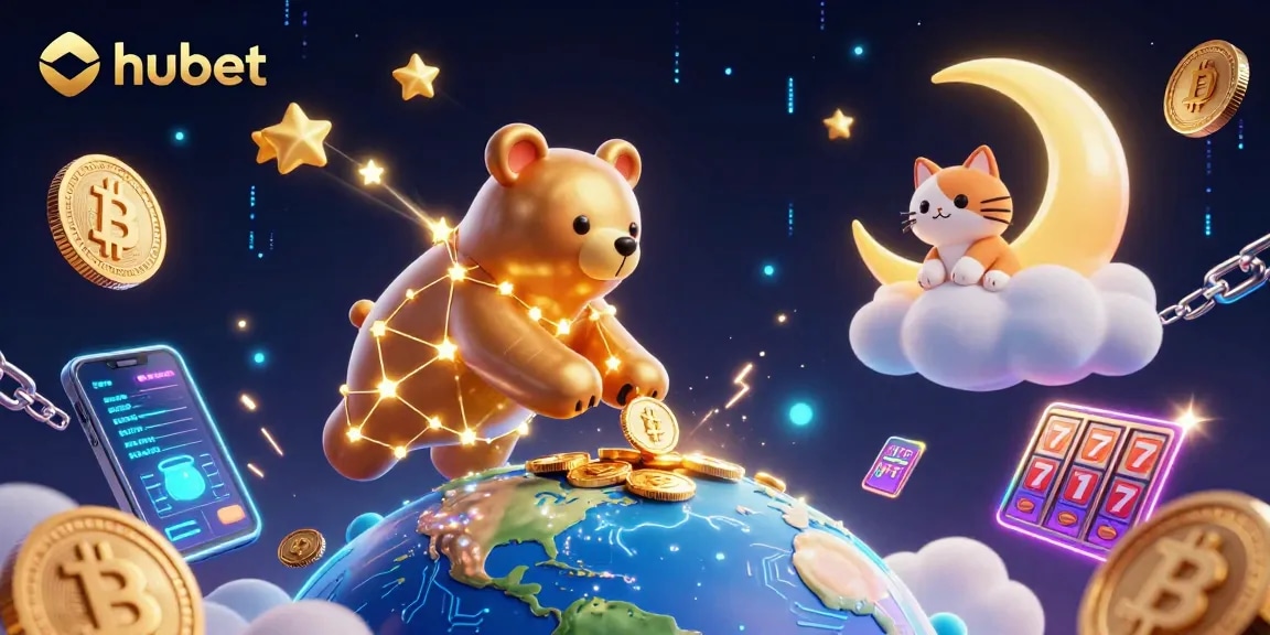 Engage with hubet's casino magic as a constellation bear collects coins amidst vibrant slot game symbols.