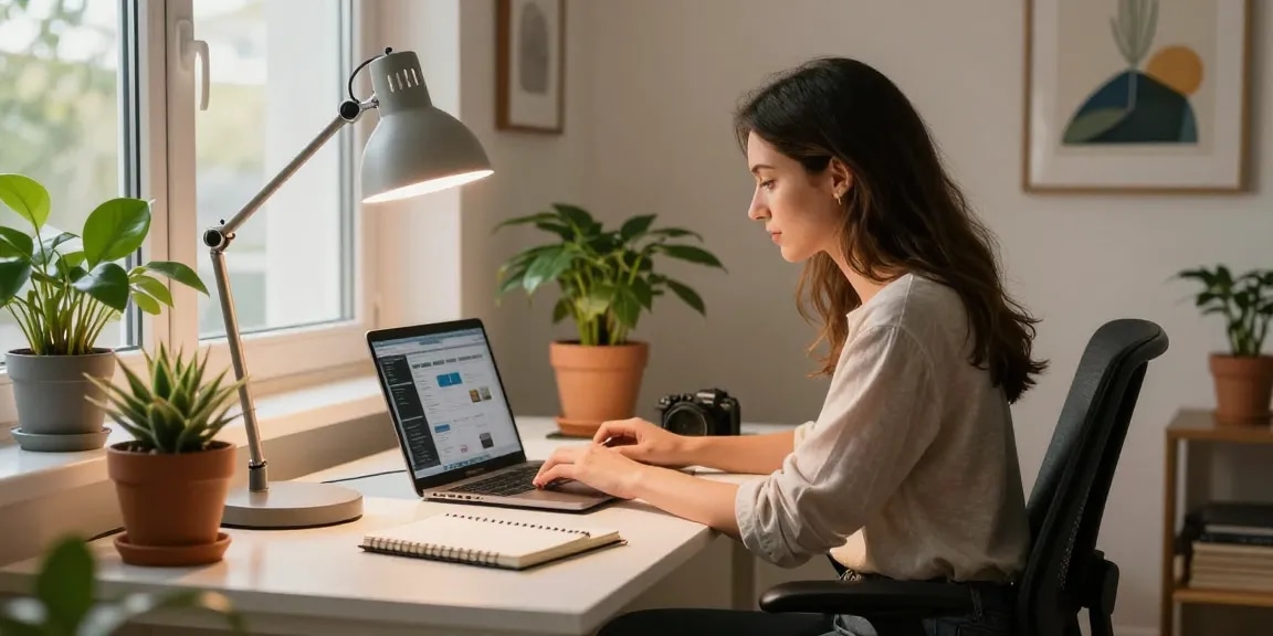 Stylische Frau, die eine Schreibtischlampe in einem modernen Homeoffice verwendet.