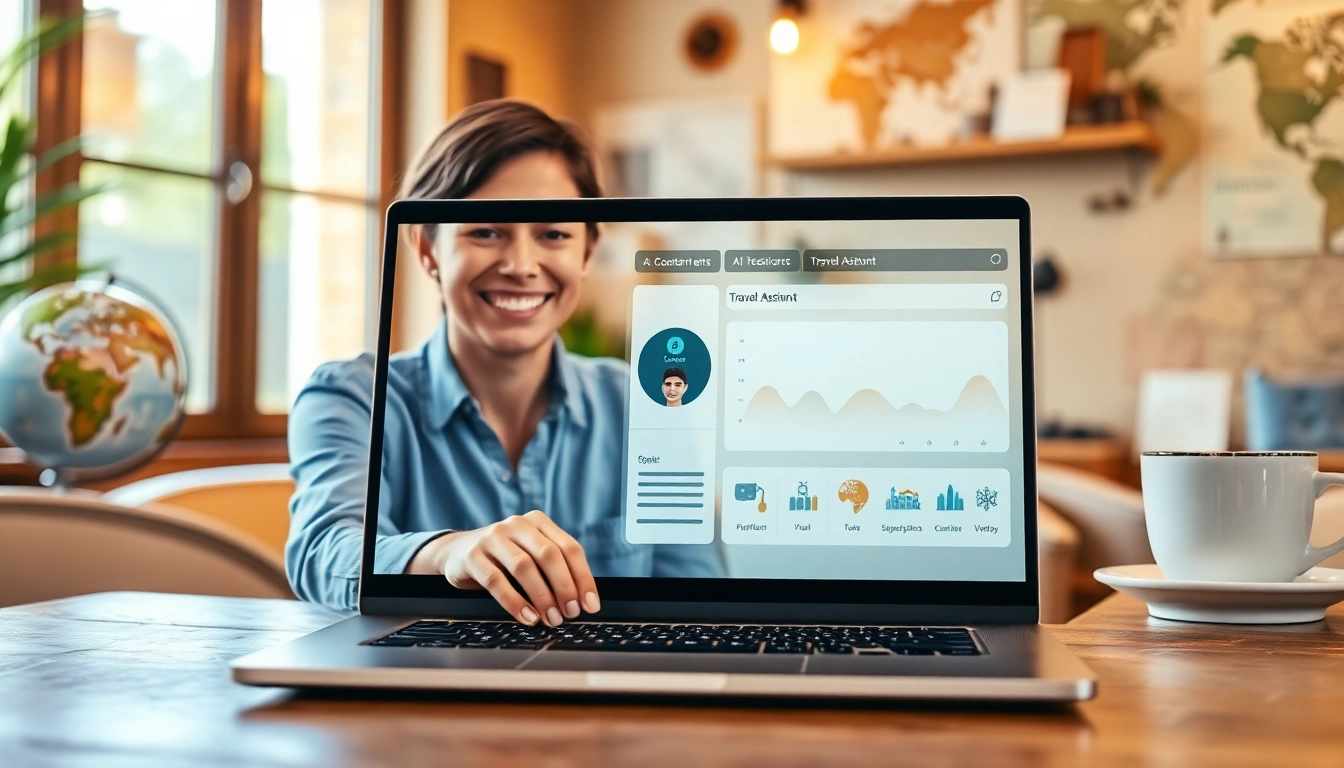 AI Travel Assistant helping users plan their journeys in a cozy café environment.