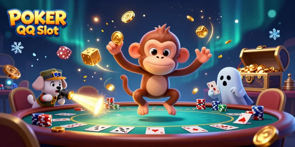 Engage with POKER QQ Slot featuring a playful monkey juggling gold in a vibrant poker room