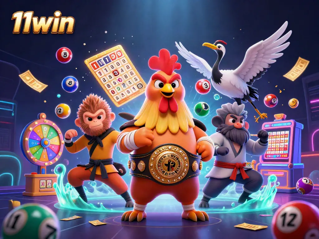 Engage with the 11win dynamic casino scene featuring a Muay Thai rooster, Shaolin monkey, and wise crane amidst colorful lottery elements.