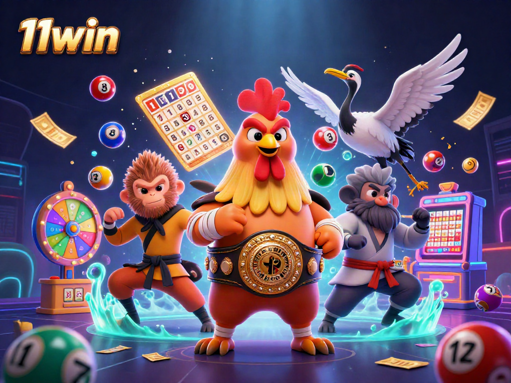 Engage with the 11win dynamic casino scene featuring a Muay Thai rooster, Shaolin monkey, and wise crane amidst colorful lottery elements.