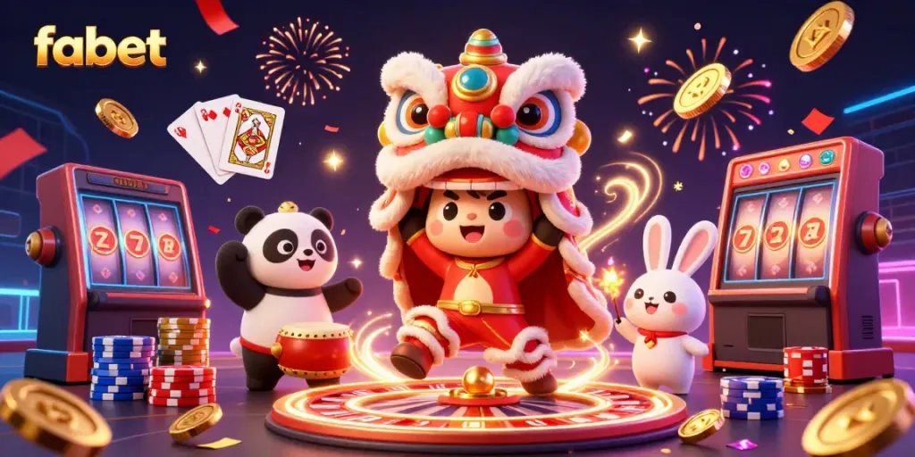 Experience the excitement of Fabet with dynamic casino elements and festive characters.