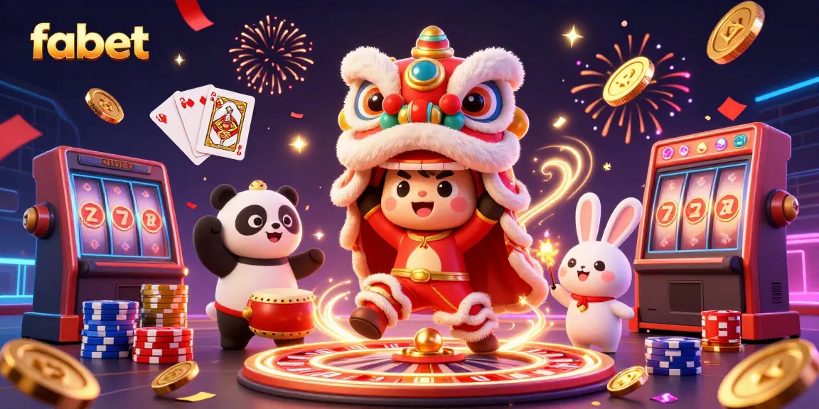 Experience the excitement of Fabet with dynamic casino elements and festive characters.