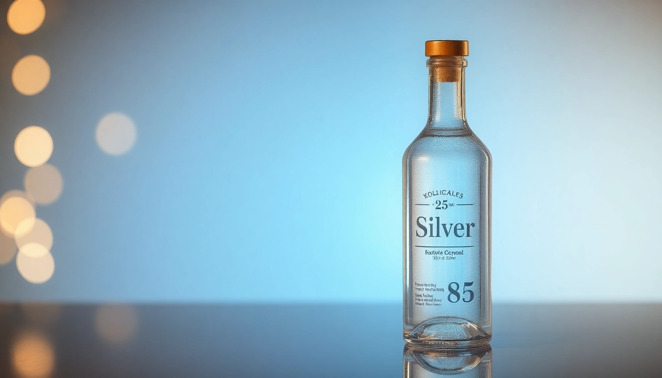 Kolloidales Silber 25 ppm in eleganter Flasche beleuchtet, zeigt hochreines Silberwasser für vielseitige Anwendungen.