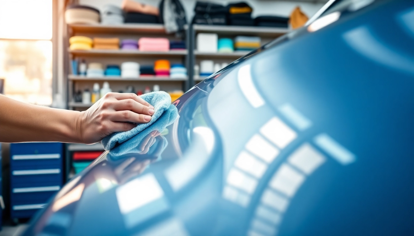 Fahrzeugaufbereitung durch einen Experten, der ein Auto in einer professionellen Werkstatt poliert.