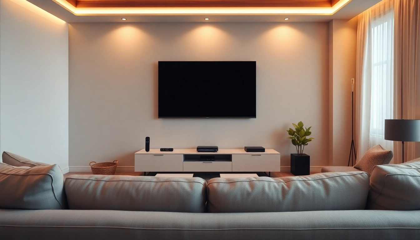 Genießen Sie IPTV in einem eleganten Wohnzimmer mit modernem TV und Sofa.