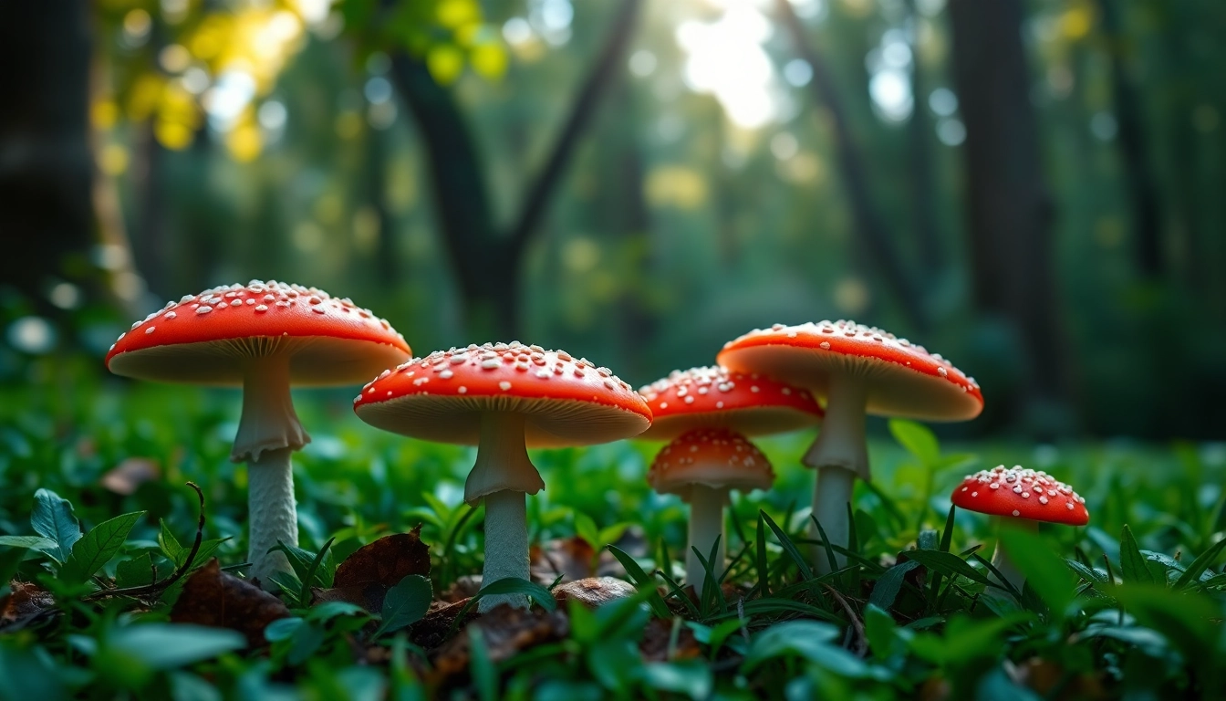 Fliegenpilz kaufen: Bewegende Darstellung der frisch gefleckten Fliegenpilze in einer traumhaften Waldlandschaft.