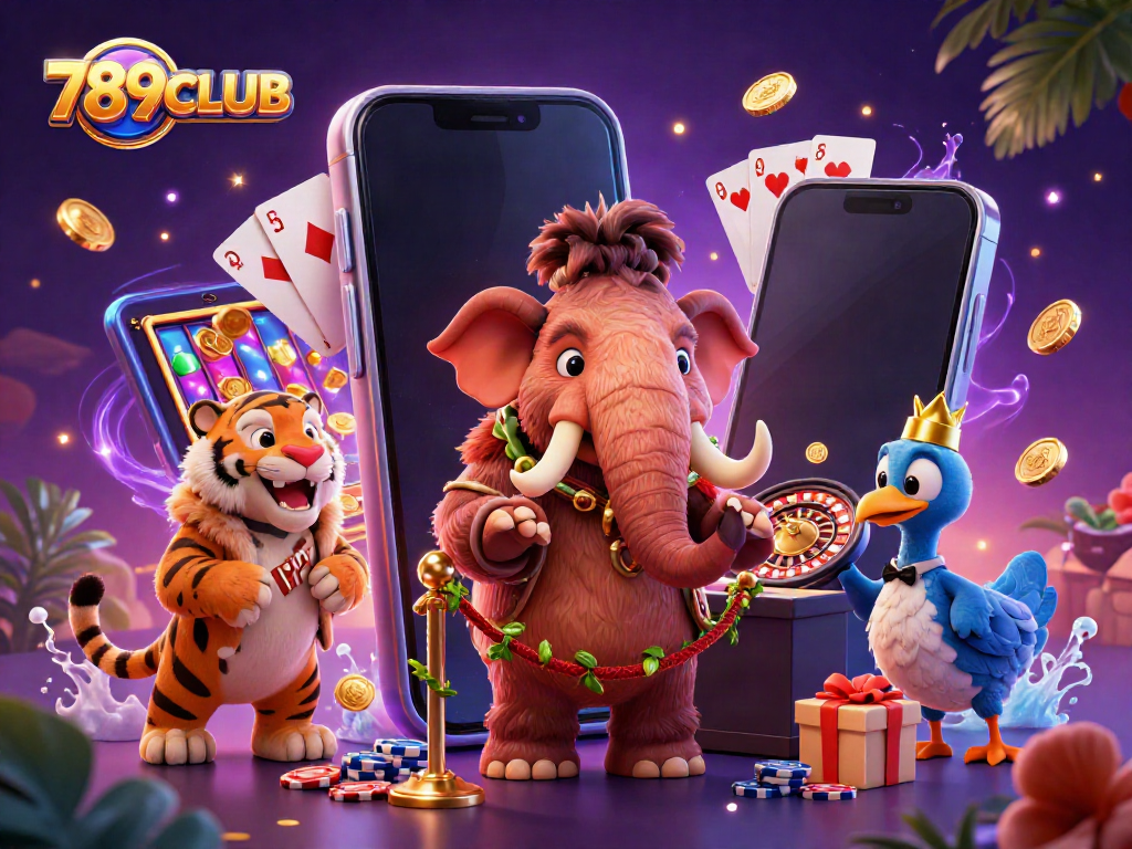 Experience the excitement at 789CLUB with a vibrant casino scene featuring colorful slot games, coins, and playful characters.