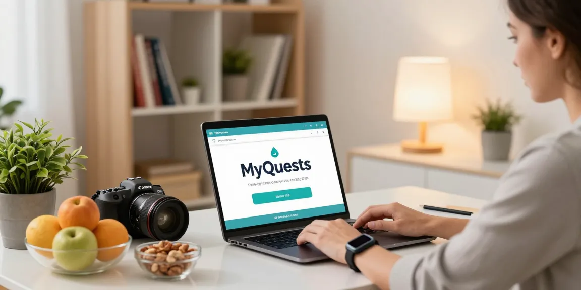 Engagierte Person, die MyQuests in einem modernen Home Office mit Gesundheitsressourcen und Snacks nutzt.