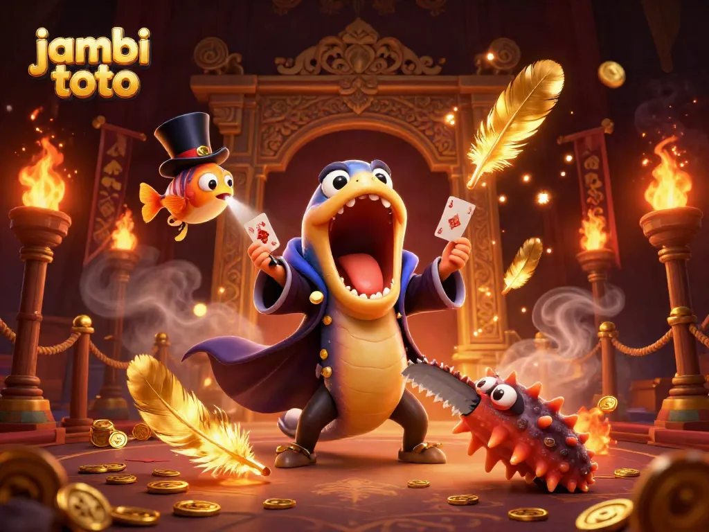 Engage with jambi toto's thrilling atmosphere featuring a magician eel and anglerfish in a vibrant 3D illustration.