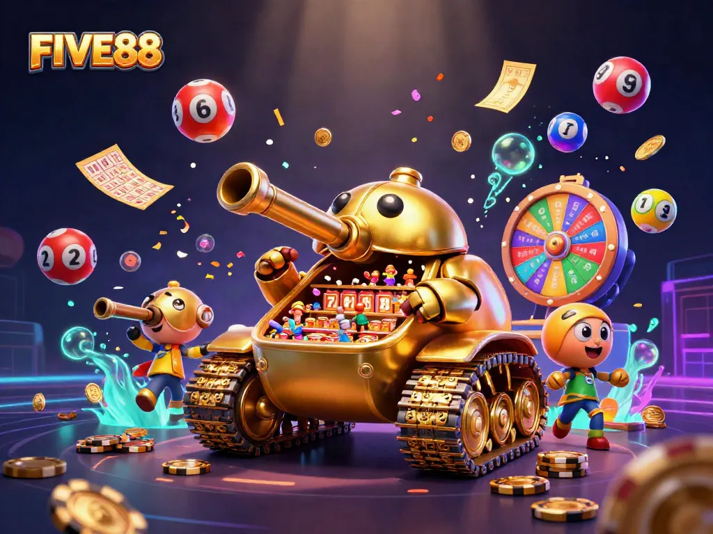Engage in exciting gameplay with FIVE88's unique miniature casino tank, showcasing vibrant lottery elements.