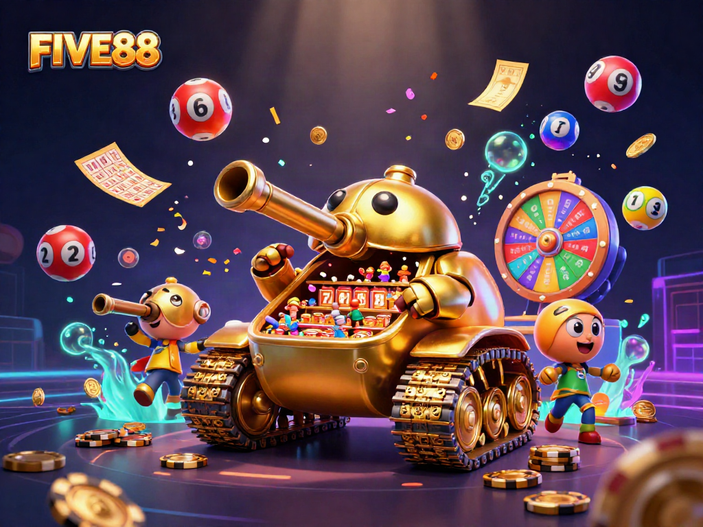 Engage in exciting gameplay with FIVE88's unique miniature casino tank, showcasing vibrant lottery elements.