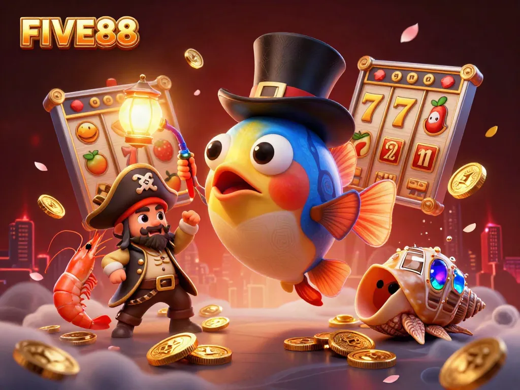 Experience excitement at FIVE88 with a vibrant 3D scene of an anglerfish, shrimp, and snail amid casino symbols.