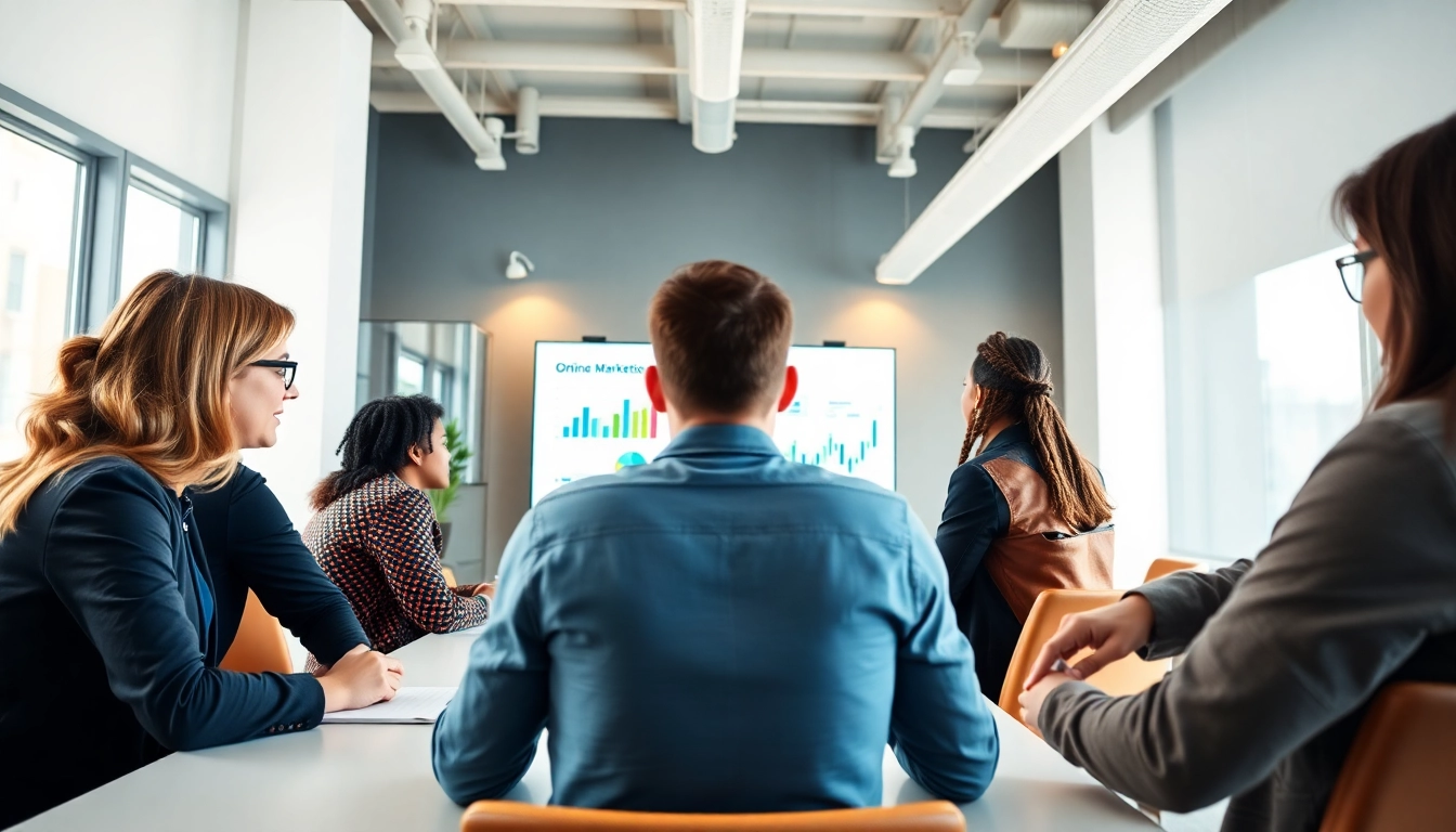 Online Marketing Strategien werden in einem modernen Büro diskutiert.