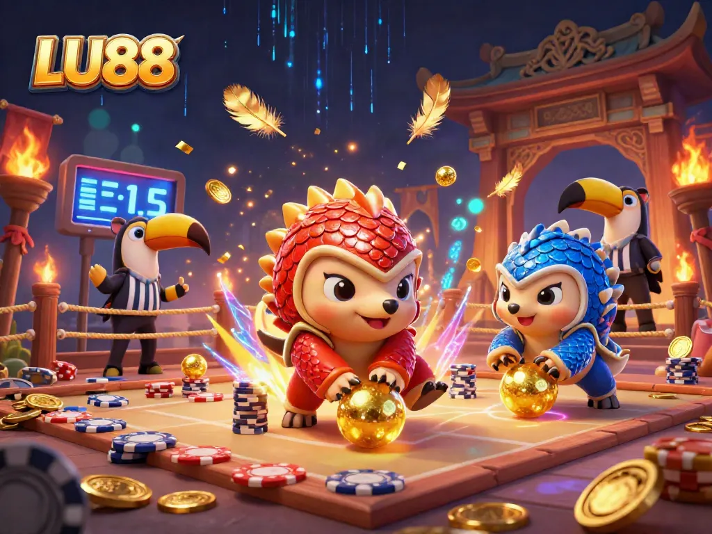 LU88 showcases rival pangolins rolling golden balls, illuminated by a neon-themed casino atmosphere