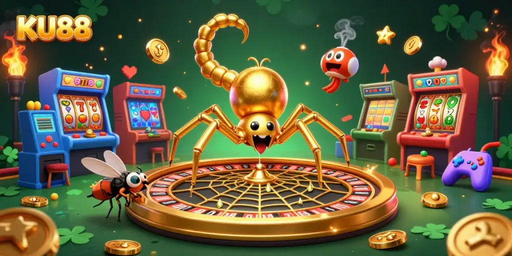 Join the excitement at KU88's vibrant golden spider-themed casino with immersive gaming elements.
