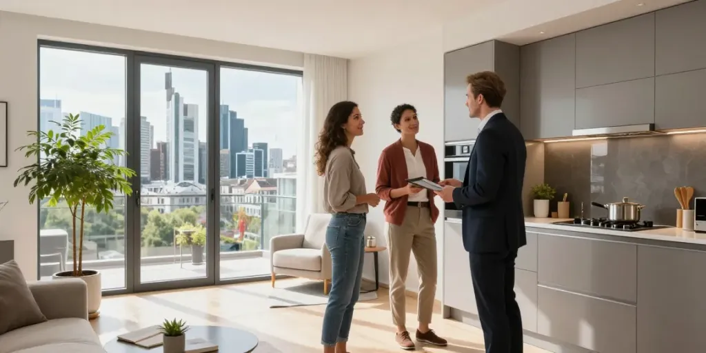 Bester Immobilienmakler Frankfurt zeigt modernes Apartment in Frankfurt bei Immobilienbesichtigung.
