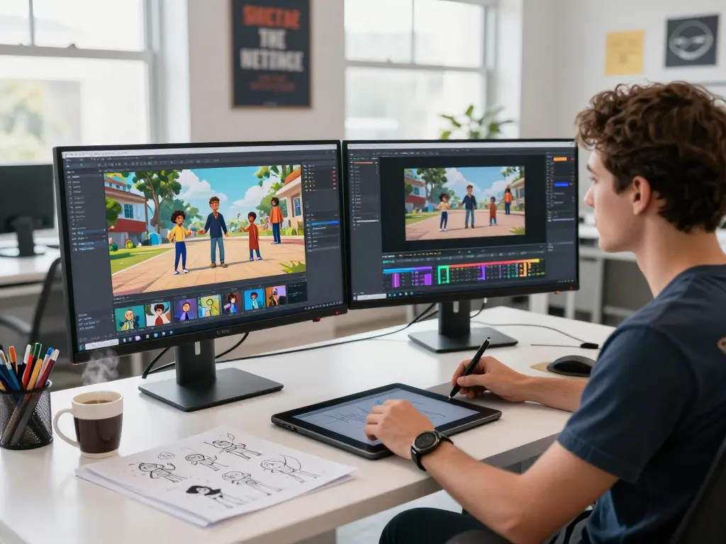 Creative designer using motion AI in a modern office, showcasing animation software and reference video.