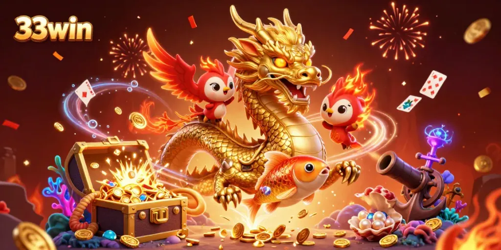 Experience thrilling wins and adventures at 33win with our captivating casino gaming scene, featuring mythical creatures.