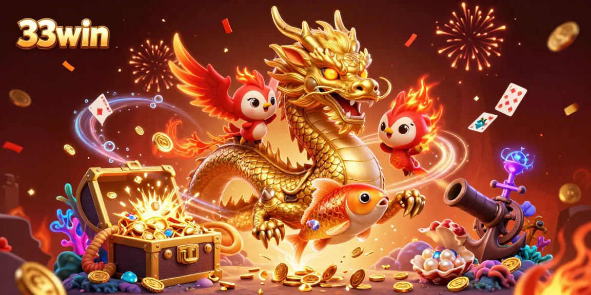 Experience thrilling wins and adventures at 33win with our captivating casino gaming scene, featuring mythical creatures.