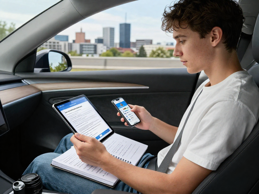 Junge Fahrerin prüft Kfz Versicherung Dortmund im Auto, mit Tablet und Stadtblick im Hintergrund.