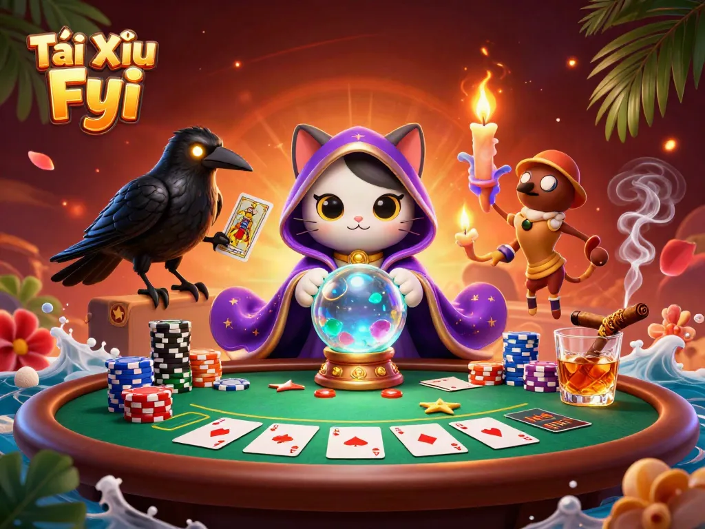 Engage in Tài Xỉu Fyi's vibrant casino scene with mystical characters and rich game elements.