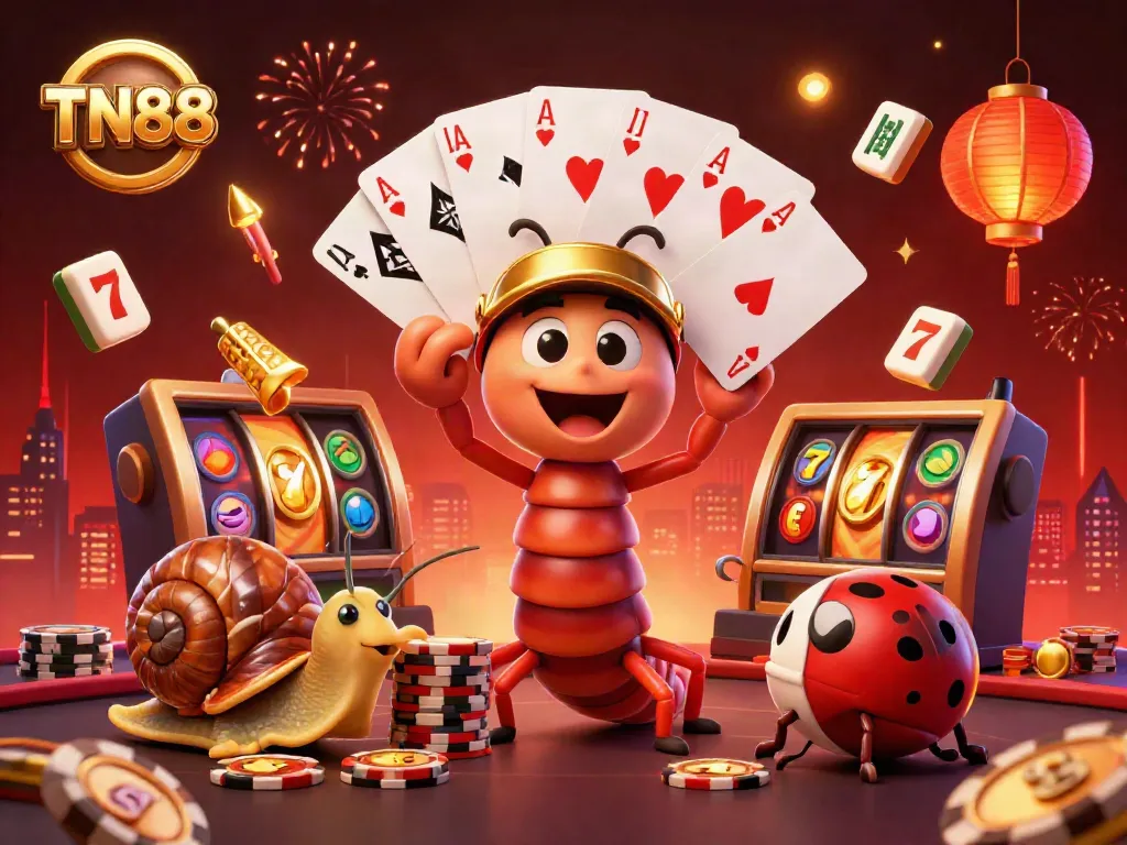 Experience the excitement of TN88 casino with a vibrant 3D illustration of a millipede dealer, cards, and chips.