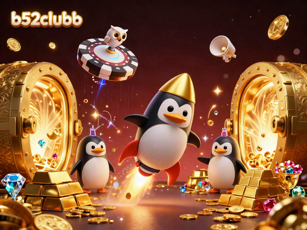 Join the action at b52clubb as a golden penguin blasts into a vibrant casino universe filled with treasures.