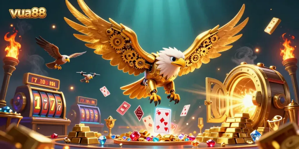 Experience the thrilling world of vua88, with a golden eagle soaring amidst vibrant casino game elements and treasures.