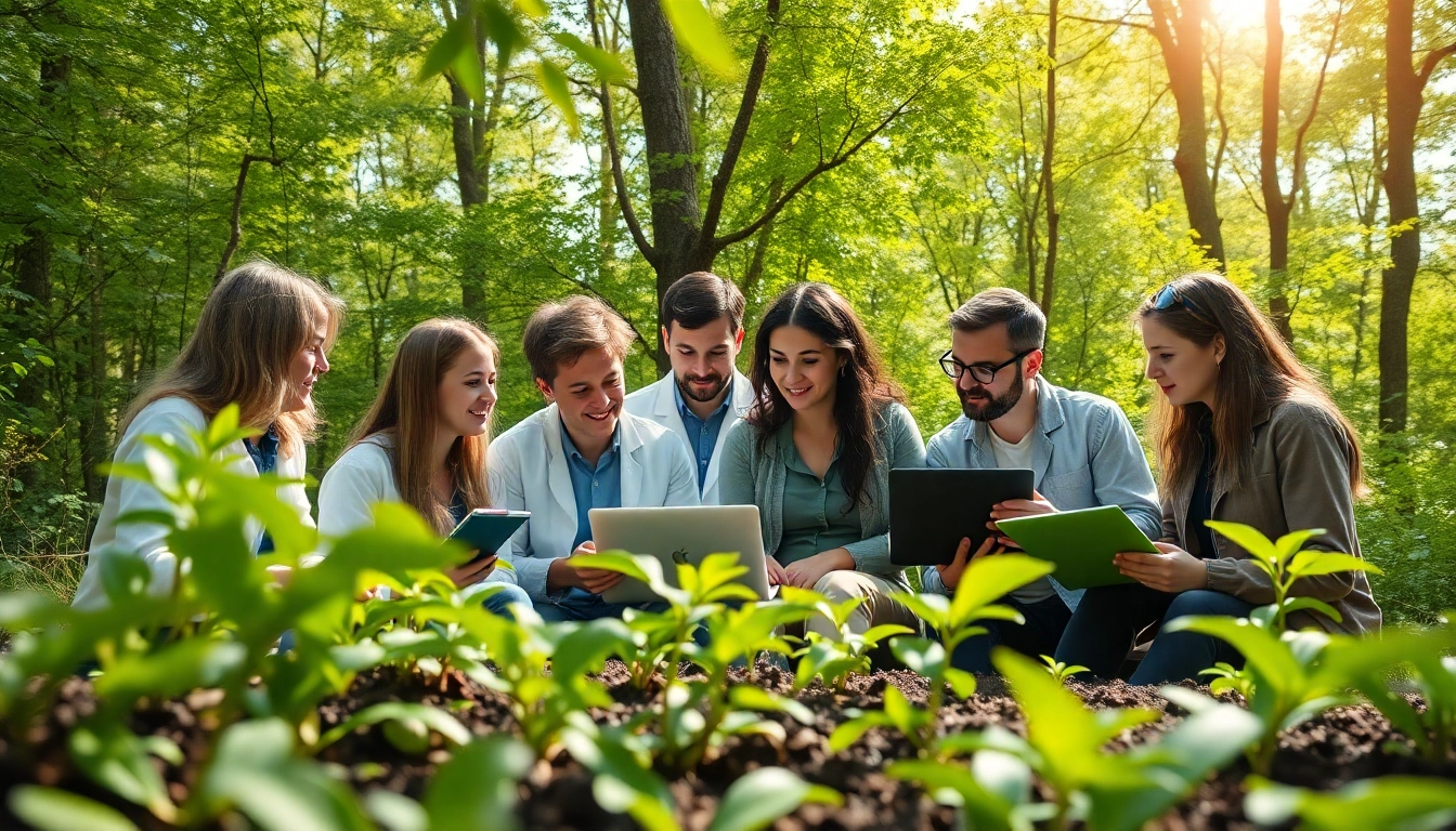Umweltforschung im Fokus, Wissenschaftler analysieren Daten in einer grünen Umgebung.