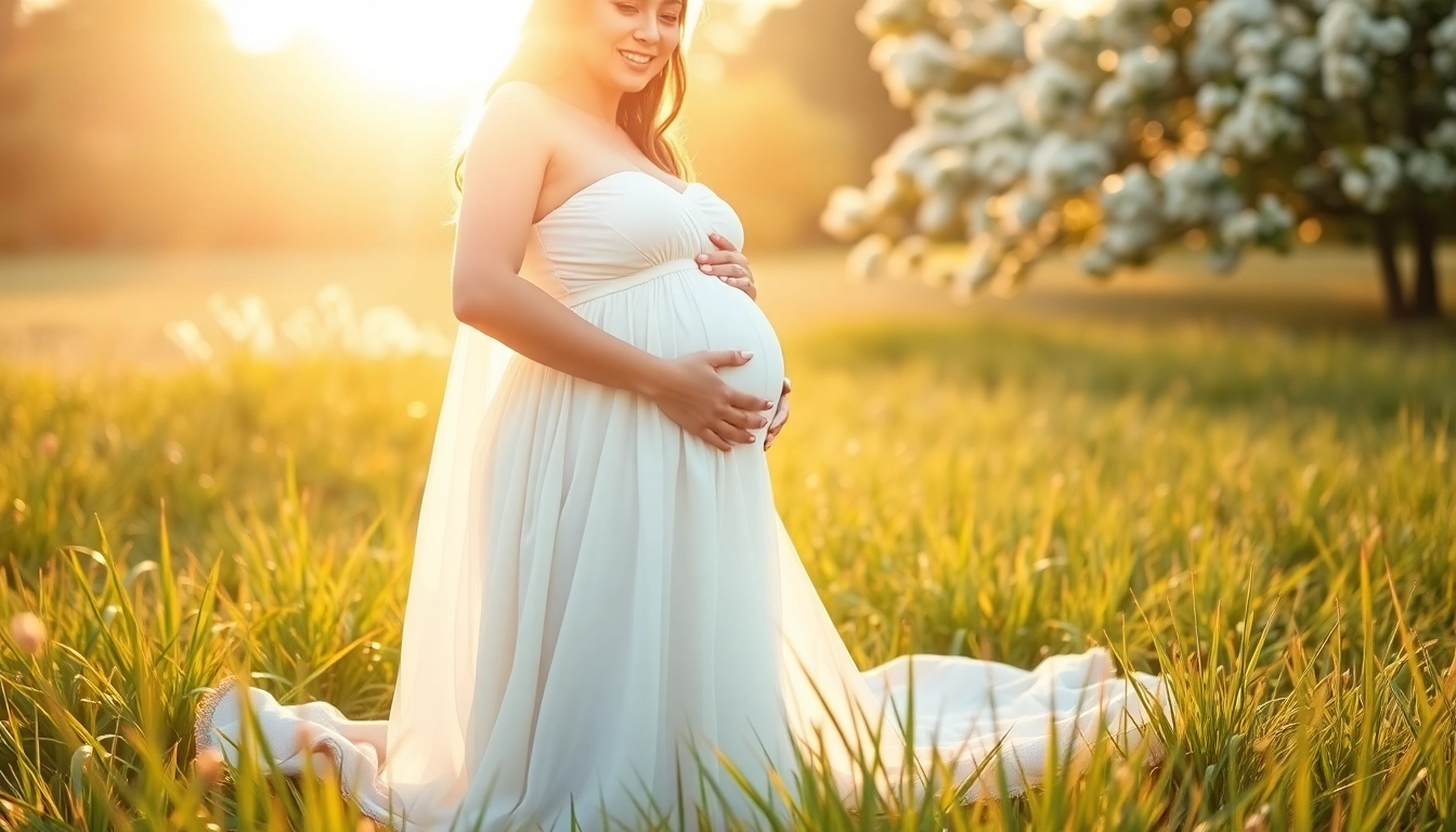 Babybauch Shooting München: Schwangere Frau in einem Lichtspiel im Park bei Sonnenuntergang.