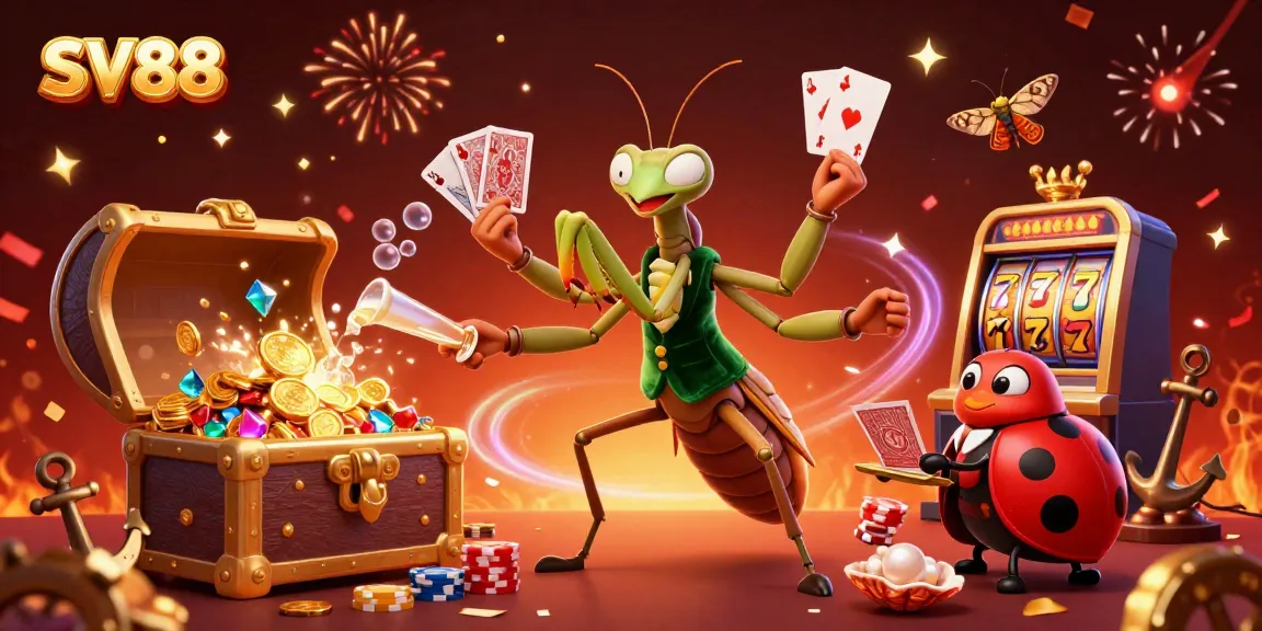 Engage in thrilling gaming at SV88 with a vibrant scene featuring card sharp mantis and lively casino elements.
