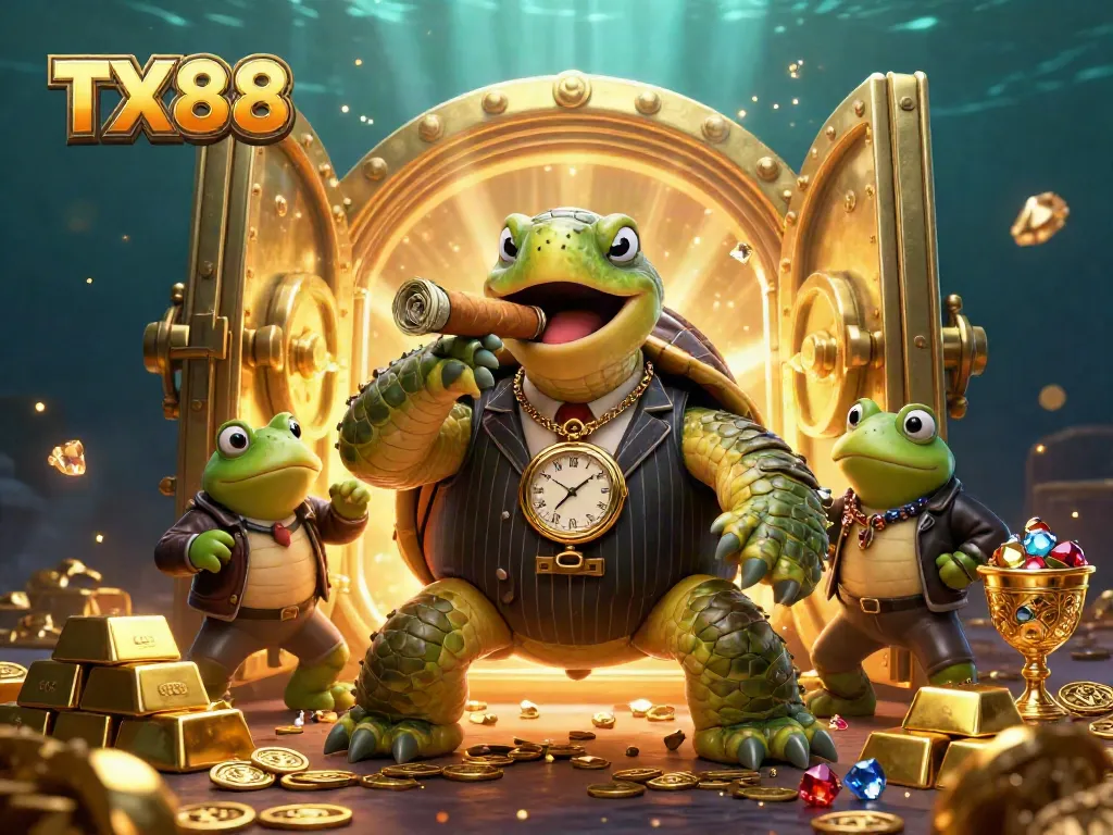Experience the thrilling TX88 action with a cartoon turtle mobster and enforcers amid piles of treasures.