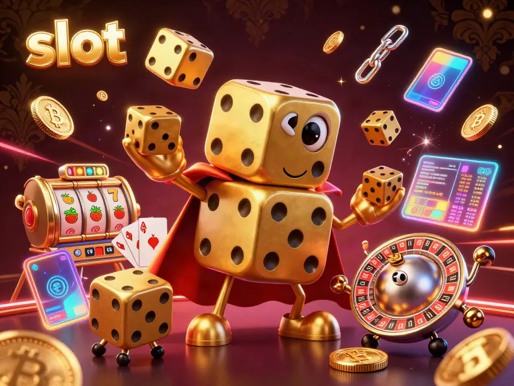 Engage in thrilling slot action with a golden dice golem and dynamic casino elements.