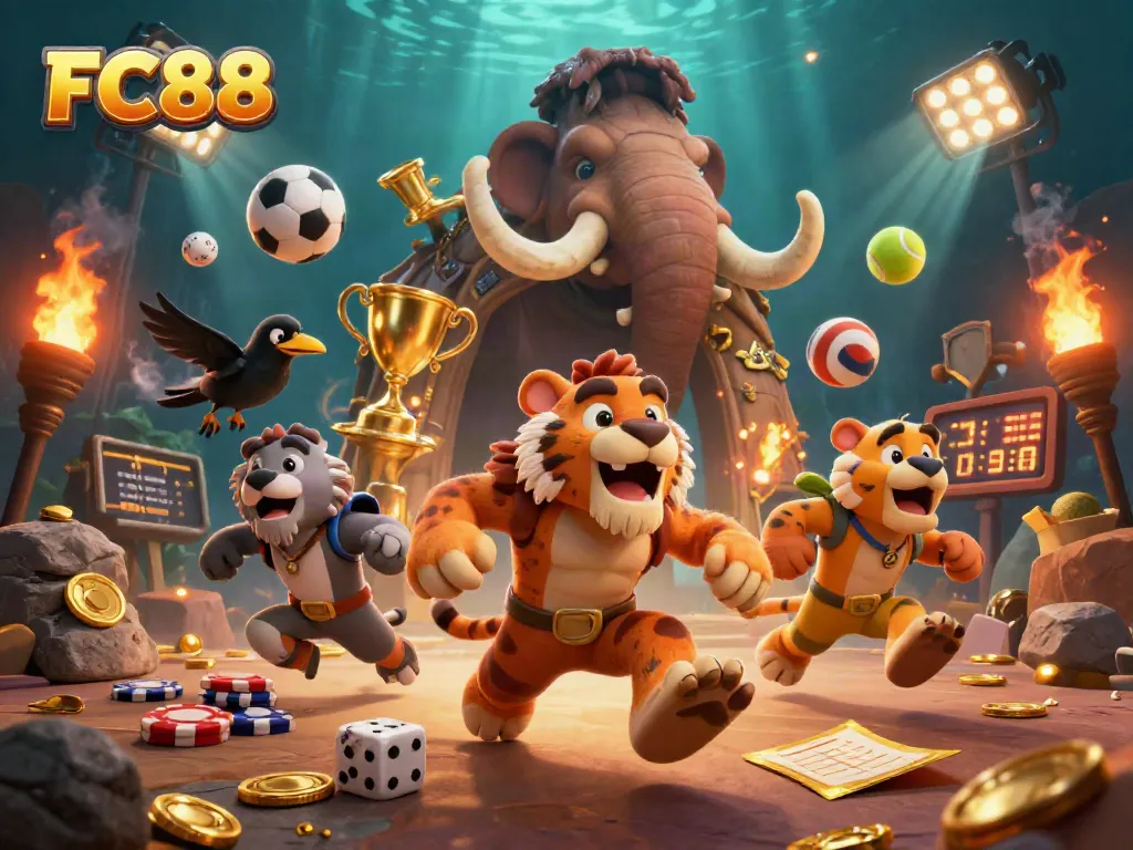 FC88 features a prehistoric casino with a caveman duo and vibrant gaming elements in a dynamic scene.