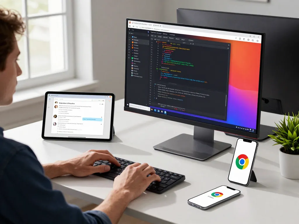 Explore the features of 谷歌浏览器 in a modern workspace setup with code and devices.