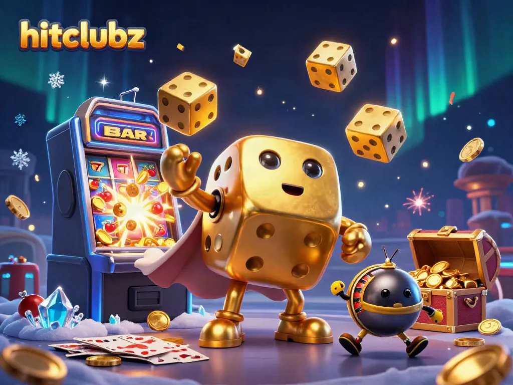 Experience the thrill of hitclubz with a dynamic, colorful casino scene featuring interactive golden dice and vibrant slot machines.