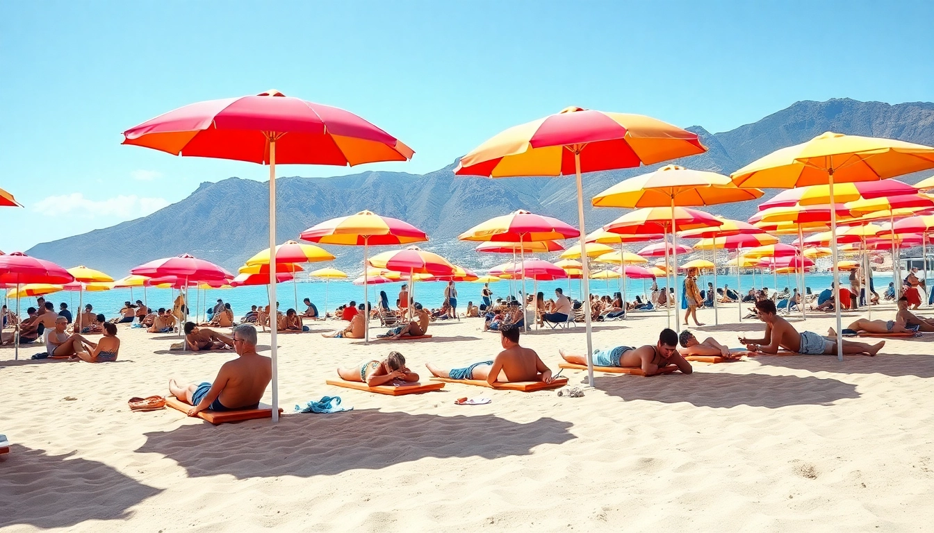 Teneriffa aktuell: Genießen Sie entspannte Strandtage unter bunten Sonnenschirmen an der Küste von Teneriffa.