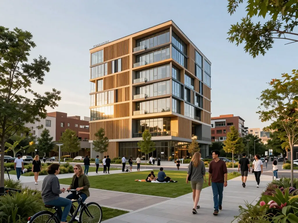 Five88 affordable housing development showcasing vibrant community life and modern architecture in an urban setting.