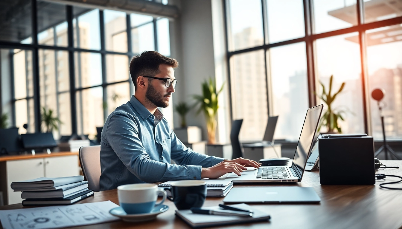 Webentwickler Hannover bei der Arbeit in modernem Büro mit Laptop und kreativen Materialien.